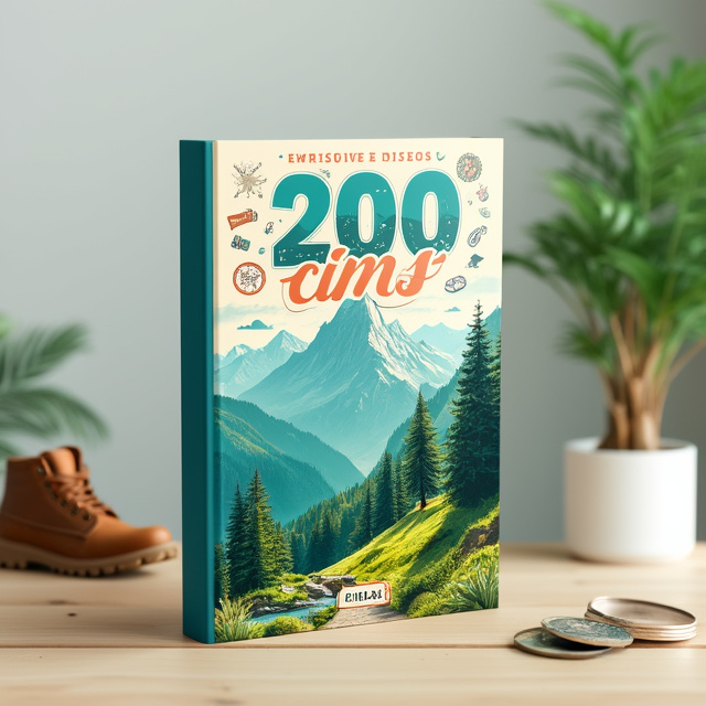 The cover features a breathtaking view of a lush green mountain range, with the peak of a mountain reaching towards the sky. The title "200 cims" is prominently displayed at the top of the cover, with the number "200" in a bold and striking font, and the word "cims" in a more elegant and flowing script font. The typography is surrounded by small illustrations of adventure and travel elements, such as a backpack, compass, and hiking boots. The overall style is vibrant and captivating, drawing readers in with its sense of exploration and adventure.