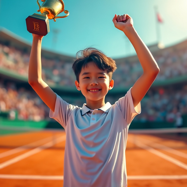 The cover features a close-up image of a triumphant 19 year old boy named Oliver Nguyen holding up a tennis trophy. The background is a vibrant tennis court with cheering crowds in the distance.