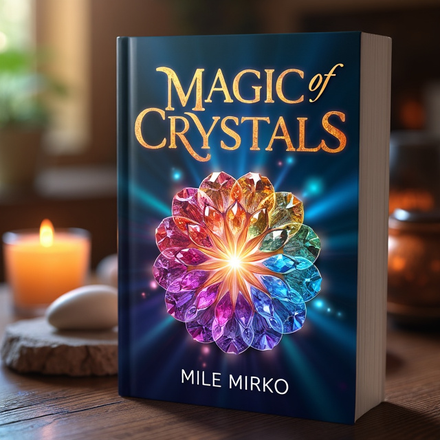 standing book mockup, Its title is "Magic of Crystals". Its author name is Mile Mirko.  The cover features a close-up image of colorful gemstones arranged in a circular pattern, with rays of light shining from the center. The gems are surrounded by a soft glow, giving a mystical and enchanting feel to the design. The book title "Magic of Crystals" is written in a bold and elegant font, with the word "Magic" slightly larger and in a metallic gold color. The author's name "Mile Mirko" is placed below the title in a smaller, clean font., The title and author's name are centered at the top half of the cover, while the gemstone image occupies the bottom half. The overall layout is balanced and visually pleasing.