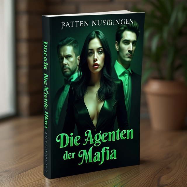 The cover features a mysterious woman with black hair and green eyes, standing in front of a dark background. She is dressed in a sleek black outfit, adding to the intrigue. On the other side, there is a man with dark hair and green eyes, also dressed in black, creating a sense of mystery and danger. The overall style is dramatic and captivating.