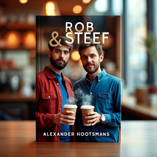 The cover features a close-up shot of the two men standing in front of a coffee shop, their faces partially obscured by steam rising from their to-go cups. The colors used are warm and inviting, with a focus on contrasting red and blue tones. The background is a blurred image of the coffee shop, adding depth to the overall composition.