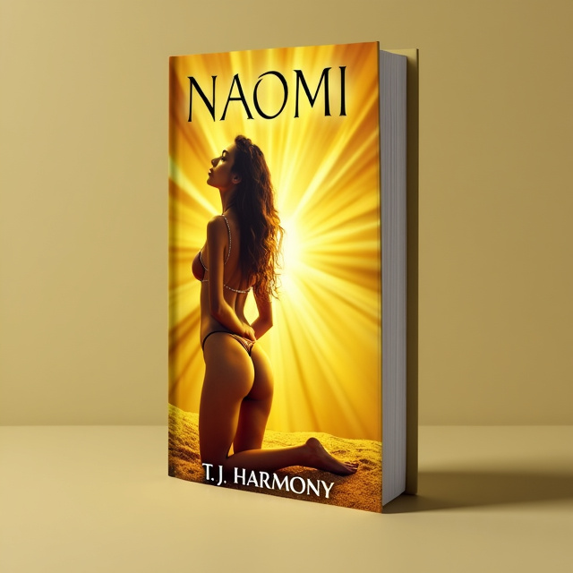 A vibrant yellow background with rays of light emanating from the center. In the foreground, a beautiful woman with flowing long wavy hair is kneeling, her hands bound behind her back. She is wearing a seductive mini dress that adds a touch of sensuality to the cover.