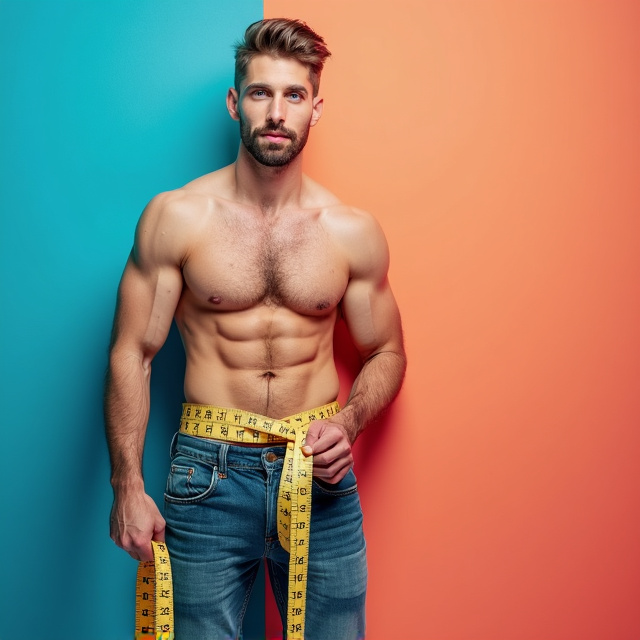 The cover features a shirtless, confident man standing tall, holding a measurement tape in his hand. The man has a masculine physique with some chest hair visible. The background is vibrant and energetic, representing fun and excitement.