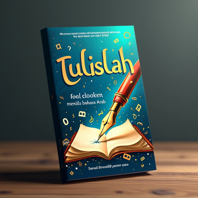 The cover features a vibrant and dynamic design, with a central image of a pen writing in Arabic script. Surrounding the pen are scattered Arabic letters and symbols, creating an atmosphere of creativity and knowledge. The colors used are bold and eye-catching, including shades of blue and gold, which reflect the elegance and sophistication of the Arabic language.