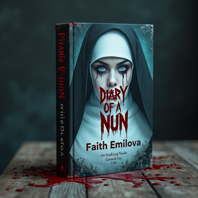 The book cover features the title "Diary of a Nun" in gothic style dripping like blood letters in the middle of the cover. The background is dark and seductive, with a close-up of a nun's face in the top half of the cover. The nun has white clothes and blue eyes with snake-like pupils, giving a gothic and mysterious vibe.