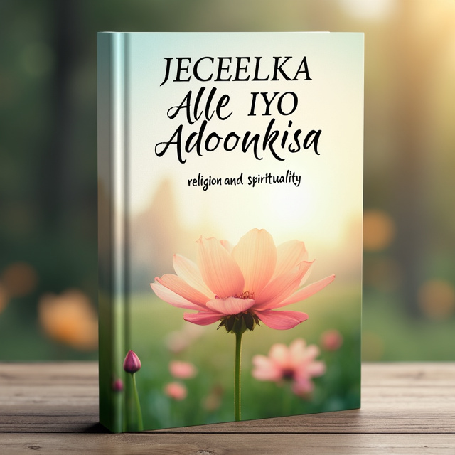 The cover features a beautiful and serene landscape, with a calm and peaceful atmosphere. In the foreground, there is a close-up image of a blooming flower, symbolizing growth and spirituality. The title "JECEELKA ALLE IYO ADOONKIISA" is prominently displayed at the top of the cover, with elegant and flowing typography. The background consists of a soft, pastel color palette, creating a sense of tranquility.