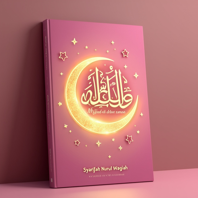 The cover features a vibrant pink background with a soft gradient, symbolizing positivity and happiness. The title "Hijrah di akhir zaman" is placed in the center, with each letter made of Arabic calligraphy, representing the Islamic theme of the book. Surrounding the title, there is a glowing golden Islamic crescent moon and stars, adding a touch of spirituality to the design. The author's name, Syarifah Nurul Waqiah, is elegantly displayed at the bottom of the cover.