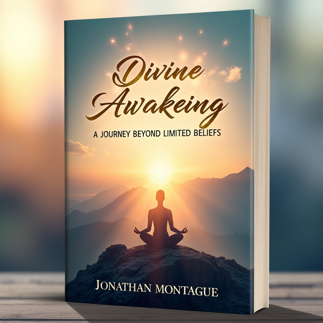 A serene and ethereal image of a sunrise over a mountain range, with soft pastel colors and a luminous glow. In the foreground, there is a silhouette of a person meditating, surrounded by rays of light. The title, "Divine Awakening," is written in elegant gold script, with "A Journey Beyond Limited Beliefs" in a simple, clean font underneath. Author name, Jonathon Montague, is displayed in a smaller font at the bottom of the cover.