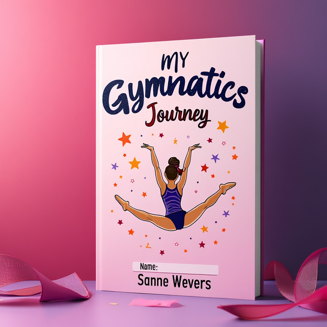 A dynamic illustration of a young gymnast in mid-air, performing a graceful split leap. The gymnast is surrounded by stars and ribbons, symbolizing achievements and grace in gymnastics. The background is a vibrant gradient, fading from a vibrant pink at the top to a deeper magenta at the bottom, creating a sense of energy and movement.