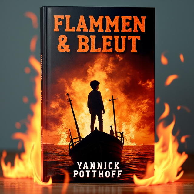 The cover features a boy standing on a burning ship, with flames engulfing the background. The ship is tilted to one side, creating a sense of urgency and danger. The boy is looking towards the horizon, expressing hope and curiosity.