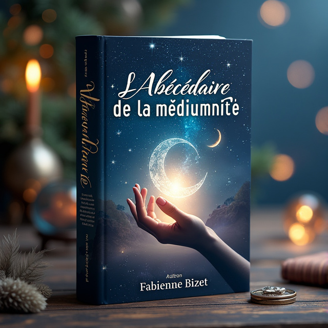 A mystical night sky filled with stars and a crescent moon. In the center, a hand reaching out towards the sky with ethereal light emanating from it. The hand is surrounded by symbols of spirituality and divination, such as tarot cards, crystal balls, and feathers.