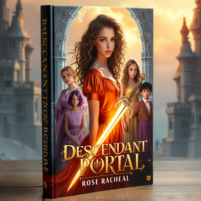 The cover features a girl with long curly pale brown hair wearing a silk sunset-colored gown, holding a glowing sharp sword. She is standing in front of a girl with purple bobbed hair in a purple dress, a girl with blonde hair in a golden dress, and two attractive boys, one with black hair and one with white-tinted hair. The background showcases a silver gleaming castle.