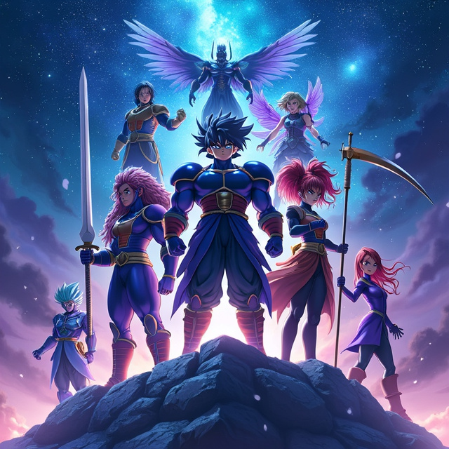 The book cover features a blue-purple galaxy background. The characters Atsumo, Nisoshitofunawato, Natoki, Yokoro, Kireteno, Kiyudoto, and Naiko are positioned in a dynamic arrangement, with Atsumo in the center holding a godly sword. Nisoshitofunawato stands on Atsumo's right, holding a long spear, while Yokoro, resembling Zeno, stands atop Atsumo and Nisoshitofunawato, holding a scythe. Kiyudoto is positioned on Yokoro's left, with her angel and devil wings. Naiko, the fairy goddess, is on Kiyudoto's right, and the two giant monsters, Voidas and Zetomori, are positioned behind the other characters. The book title is centered on the cover, above the characters.