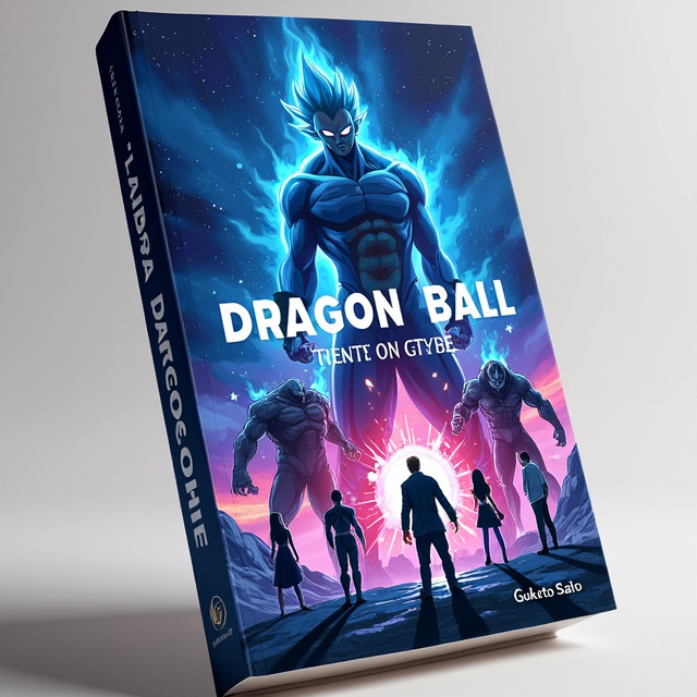 The book cover features a blue-purple galaxy background, creating a sense of mystery and otherworldliness. The characters Atsumo, Nisoshitofunawato, Natoki, Yokoro, Kireteno, Kiyudoto, and Naiko are depicted in dynamic poses, showcasing their power and determination. Voidas and Zetomori, the giant monsters, loom behind them, adding a sense of danger and epic battle. The title is prominently displayed in the middle of the page, drawing attention to the central theme of avenging Dragon Ball.