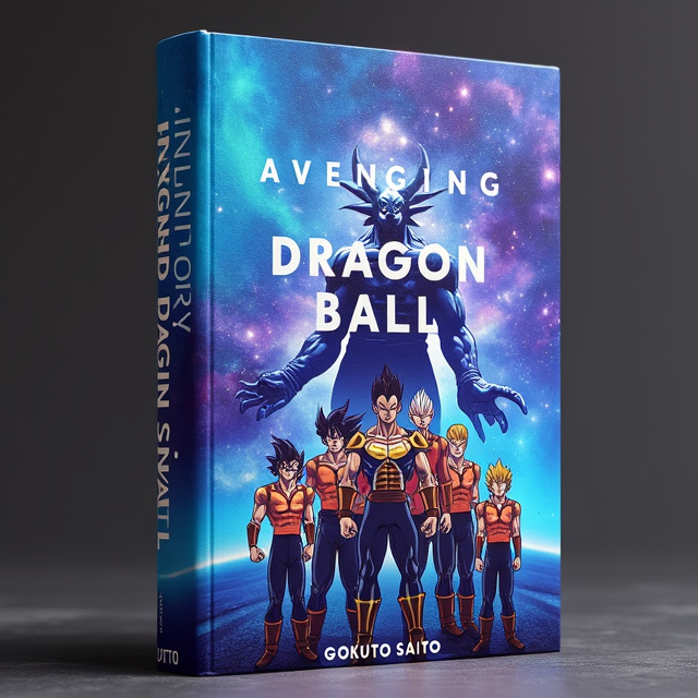 The book cover features a blue-purple galaxy background. In the center of the cover, the characters Atsumo, Nisoshitofunawato, Natoki, Yokoro, Kireteno, Kiyudoto, and Naiko are arranged in a staggered formation, with Atsumo and Nisoshitofunawato in the front, Yokoro above them, and the others positioned behind. Voidas and Zetomori, the two giant monsters, hover behind the characters. The title "Avenging Dragon Ball" is placed in the middle of the cover.