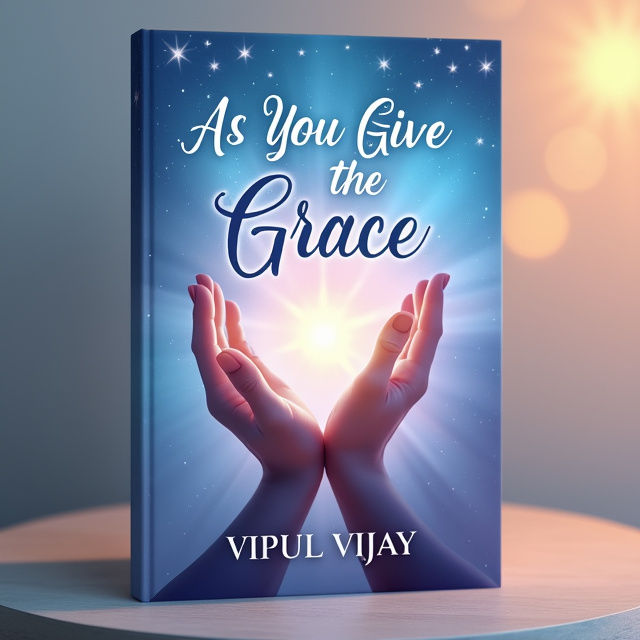 The cover features a celestial background with a gradient sky transitioning from soft blues to gentle purples, creating a serene atmosphere. In the center, a pair of hands clasped in prayer is depicted, surrounded by a soft glow and delicate rays of light symbolizing divine grace. A radiant light or aura emanates from the center, gently illuminating the entire cover. Subtle textures of stars and spiritual symbols are added to enhance depth.