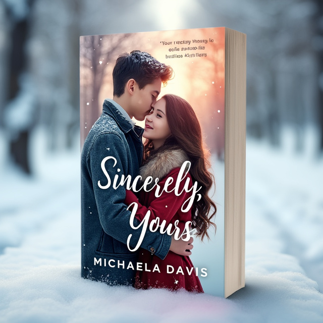 The cover features a winter scene with a boy and a girl standing in the snow. The boy has black hair and green eyes, while the girl has brown hair and hazel eyes. They are hugging each other, expressing a tender moment of love.