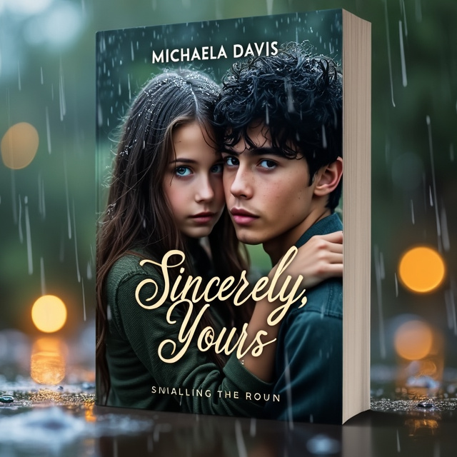 The cover features a close-up of a boy with black hair and green eyes, embracing a girl with brown hair and hazel eyes. The scene is set in the rain, with water droplets falling around them.