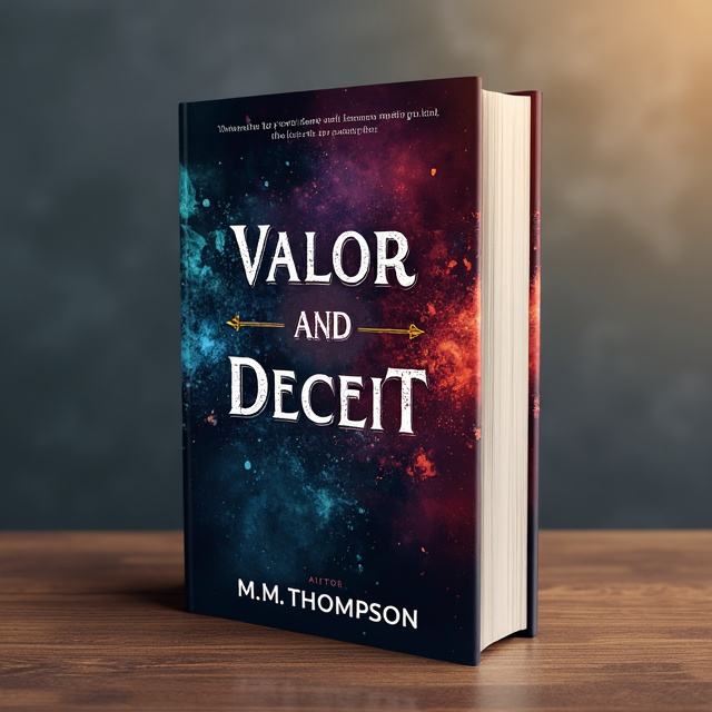 The book cover features splashes of dark colors, creating an atmosphere of intrigue and mystery. The colors blend together in a chaotic yet captivating way, symbolizing the deceit and betrayal present in the story. The title, "Valor and Deceit," is placed in the center of the cover, written in a large and ornate fantasy font.