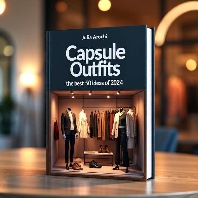 The cover features a stylish clothing store with mannequins dressed in trendy outfits. The store is illuminated with soft, warm lighting, creating an elegant and luxurious atmosphere. The title "Capsule Outfits" is prominently displayed in bold, modern typography, while the subtitle "the best 50 ideas of 2024" appears in a sleek and minimalistic font. The color palette consists of muted tones, with pops of vibrant colors to represent fashion and trends.