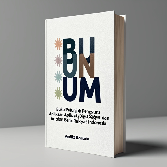 The cover features a bold, uppercase typography with the title "Buku Petunjuk Penggunaan Aplikasi Digital Signage dan Antrian Bank Rakyat Indonesia" arranged in a stacked format. The letters "B", "U", "M", "N" are highlighted in a contrasting color, creating a visual impact. A subtle background texture adds depth to the design.