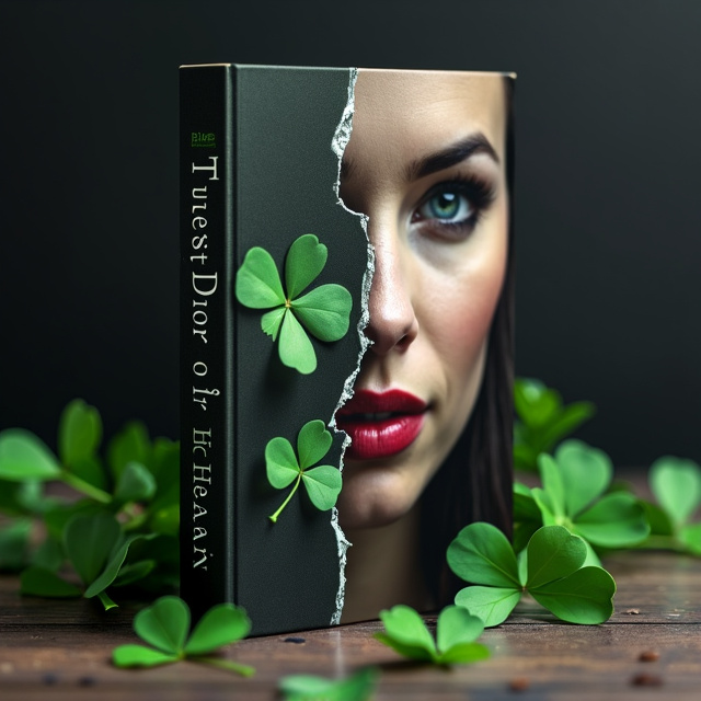 The cover features a close-up image of a caucasian woman's face, split in two diagonally. The left side of the face shows a calm expression, while the right side reveals a mysterious smile. Green shamrocks emerge from the cracks, adding an element of intrigue and mystery. The background is dark, subtly hinting at the suspenseful nature of the book.