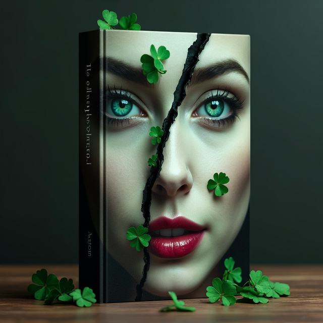 The cover features a close-up image of a caucasian woman's face, split in two diagonally. The left side of the face shows a calm expression, while the right side reveals a mysterious smile. Green shamrocks emerge from the cracks, adding an element of intrigue and mystery. The background is dark, subtly hinting at the suspenseful nature of the book.