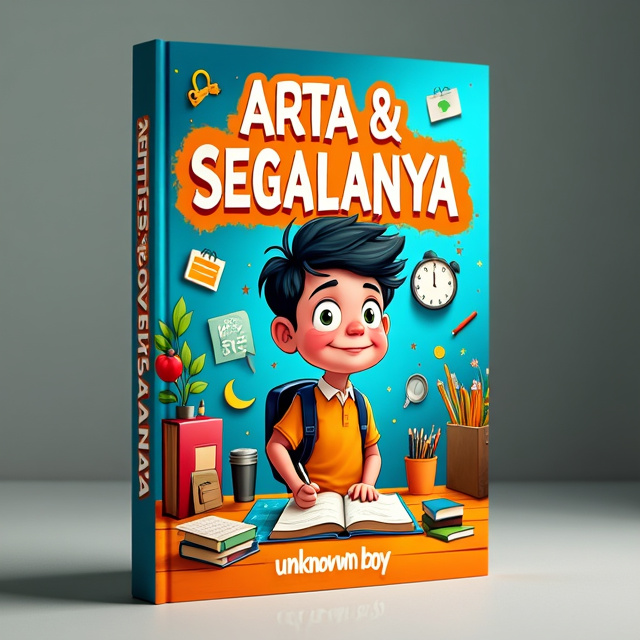 The cover features a bold and vibrant illustration of Arta Pramudhi Smesta, the main character of the book, surrounded by various school-related objects such as books, pencils, and a chalkboard. The illustration is filled with humor and portrays Arta in a hilarious and exaggerated way, showcasing the comedic aspect of the book. The background is a mix of blue and orange, creating a dynamic and eye-catching contrast.