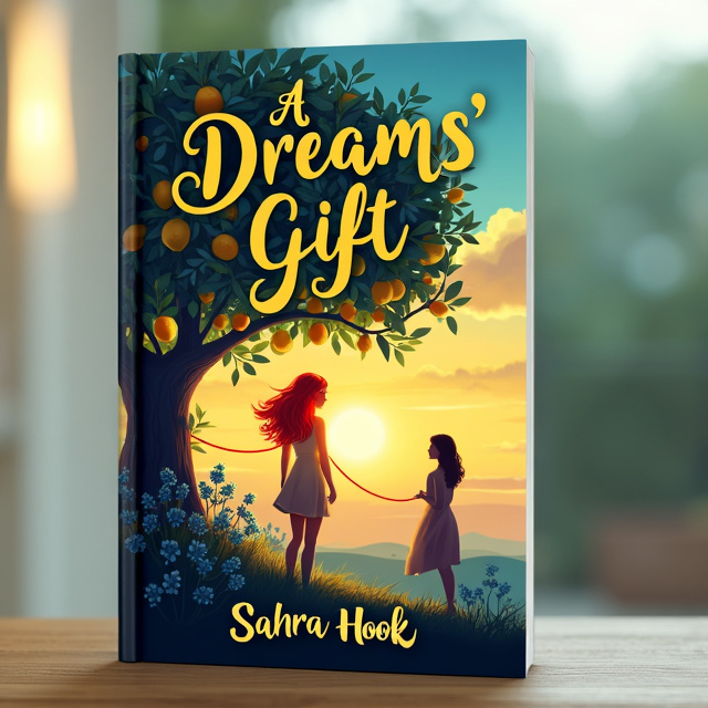 The cover features a standing book mockup with the title "A Dreams' Gift" at the top. The central illustration depicts a dreamy silhouette of a red-haired woman inside a giant lemon tree filled with lemons and blue flowers. In the foreground, there is a woman with brown hair. The backdrop showcases a sunset sky with the faint silhouette of an older woman. A red thread connects the women, symbolizing their connection.