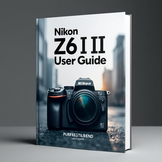 The Nikon Z6 III camera is showcased in the foreground, angled slightly off-center to create a dynamic and engaging look. The camera is captured in action, with a soft spotlight or glow highlighting its sleek design and features. The background is a minimalist, slightly blurred cityscape, adding a sense of urban photography potential. Subtle lighting effects and a gradient texture enhance the overall depth and visual appeal of the cover.