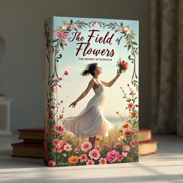 The cover features a stunning image of a woman, representing Milena Clori, the protagonist of the story. She is shown gracefully dancing, with her head held high and a bouquet of Achillea flowers floating above her. The Achillea flowers are depicted with a mix of vibrant colors and a touch of darkness, symbolizing the secrets and complexities of Milena's life. The image is framed with intricate floral designs, adding an elegant touch to the overall composition.