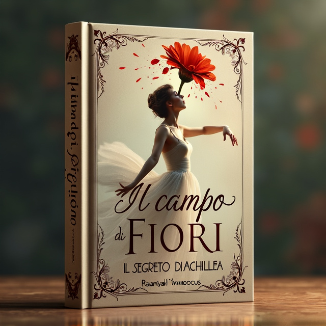 The cover features a stunning image of a woman, Milena Clori, in a graceful dance pose. Above her head, an achillea flower blooms, but instead of petals, it sheds crimson tears. The image is framed by a romantic vintage border, adding a touch of history to the design.