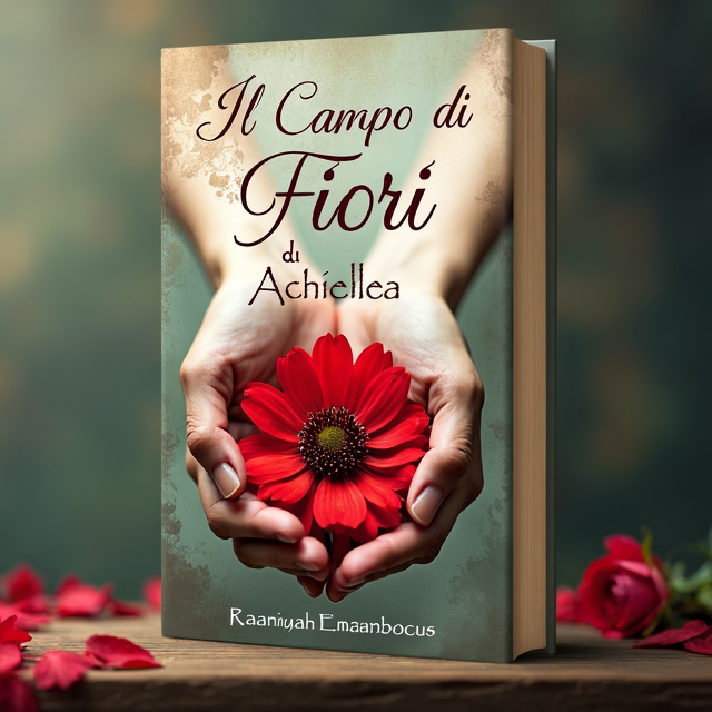The cover features a close-up of a woman's hands holding a vibrant red Achillea flower, with blood-like tears streaming from the petals. The background is a soft, muted color palette with hints of vintage texture, evoking a sense of history and romance.