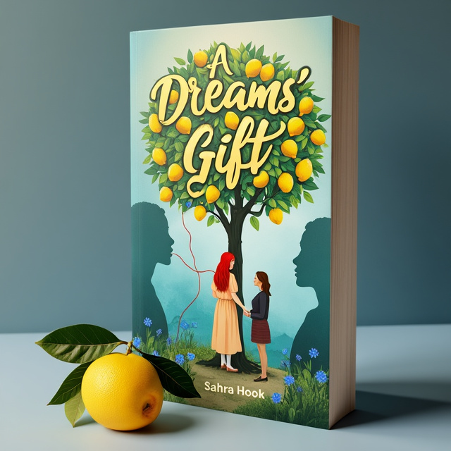 The cover features a dream-like illustration at the center, depicting a red-haired woman inside a big lemon tree with lemons and blue flowers. In front of the tree stands a woman with brown hair. The background is a soft blue gradient with the faded silhouette of another woman's face. A red thread connects the three women.