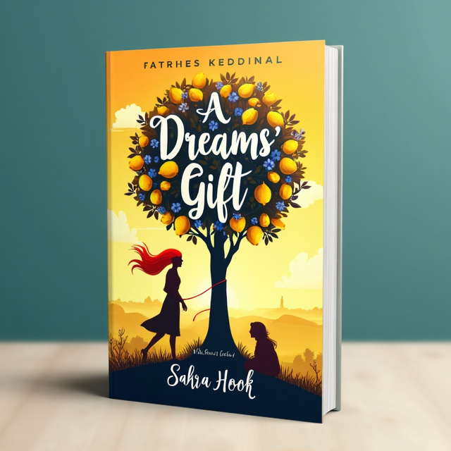 The cover features a standing book mockup with the title "A Dreams' Gift" at the top. The central illustration depicts a dreamy silhouette of a red-haired woman inside a giant lemon tree. The lemon tree has lemons and blue flowers. In the foreground, there is a woman with brown hair. The backdrop showcases a sunset sky with the faint silhouette of the face of an older woman. A red thread connects the women, symbolizing their connection.
