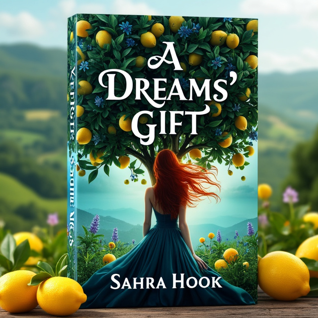 The cover features a stunning, dreamy garden with rolling hills in the background. In the foreground, there is a full-sized lemon tree with vibrant green leaves, yellow lemons, and blue flowers. The silhouette of a red-haired woman is seen inside the tree, surrounded by swirling petals. A woman with brown hair stands in front of the tree, her hair blowing in the wind.