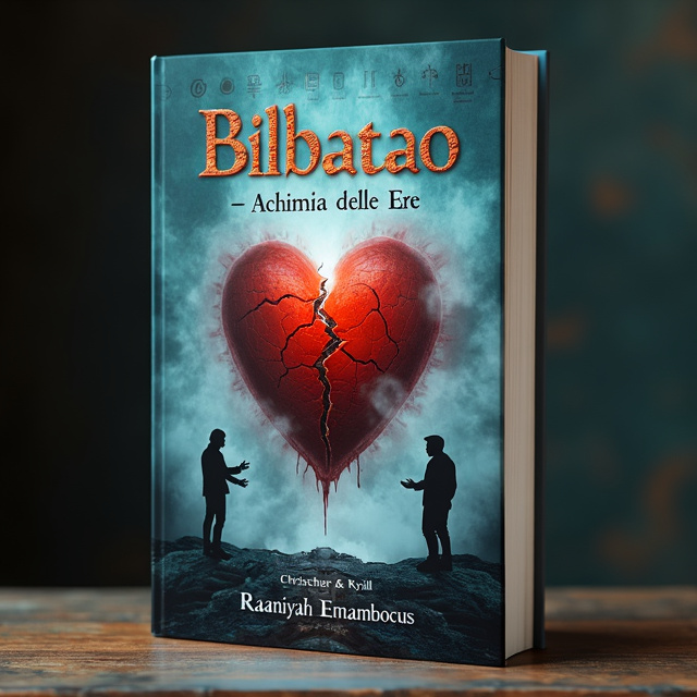 The cover features an image of a broken heart in the center, surrounded by swirling mist in shades of light steel blue and misty grey. In the background, there is an ancient manuscript with symbols from Sumerian, Akkadian, and Egyptian cultures. Christopher and Kyrill's silhouettes are standing on opposite sides, facing each other, with their hands outstretched towards the broken heart.