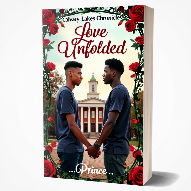 The cover features two young men, one slightly taller than the other, one light-skinned and the other a bit darker, standing side by side and locking hands together. They are placed in front of a university building, symbolizing the setting of the Calvary Lakes Chronicles. Vines intertwine around the edges of the cover, adding a touch of elegance and romance. Red roses are scattered throughout the vines, representing the love and passion within the story.