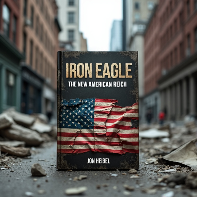 The background depicts a ruined street with intact skyscrapers in the distance, symbolizing the power of the regime. The central image features a crumpled and torn American flag, slightly off-center, portraying the sense of abandonment and turmoil.