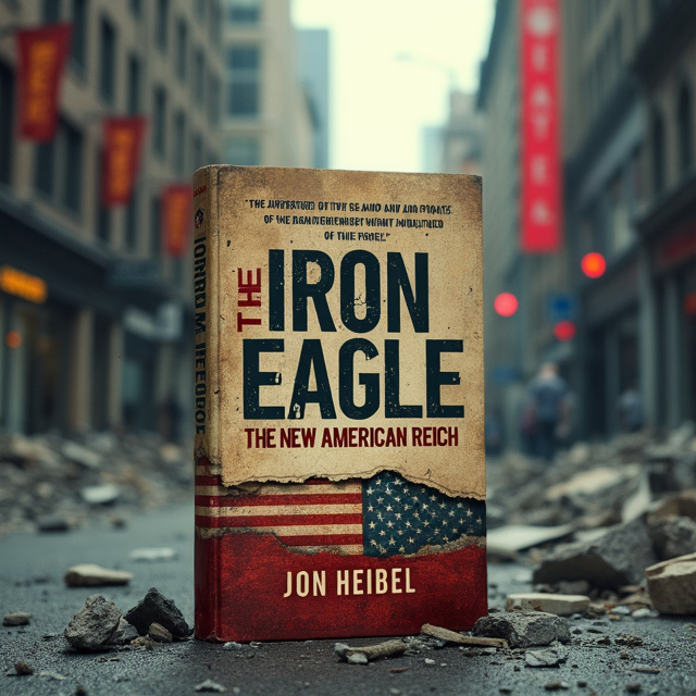 The cover features a ruined street as the background, with intact skyscrapers towering over the scene. In the center, a crumpled and torn American flag lies on the debris-covered street, slightly off-center. The flag represents the discarded ideals of the country. The absence of lights and people in the skyscrapers adds an eerie sense of control and emptiness.