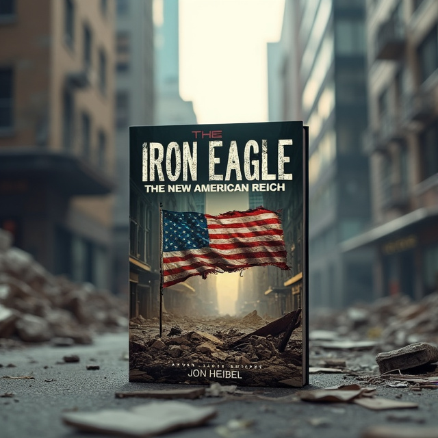 A ruined street with intact skyscrapers in the background. A crumpled, torn American flag lies on the debris-covered street, slightly off-center. The overall style is gritty and battle-ravaged, symbolizing the action and adventure genre.