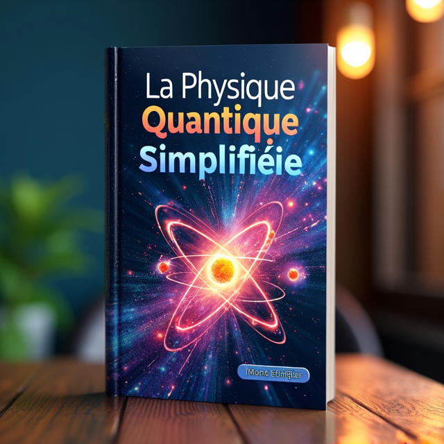 The cover features a vibrant background image of swirling particles and waves, representing the concept of quantum physics. In the center, there is an illustration of an atom with electrons orbiting around it, showcasing the key elements of the subject matter. The overall style is modern and eye-catching.