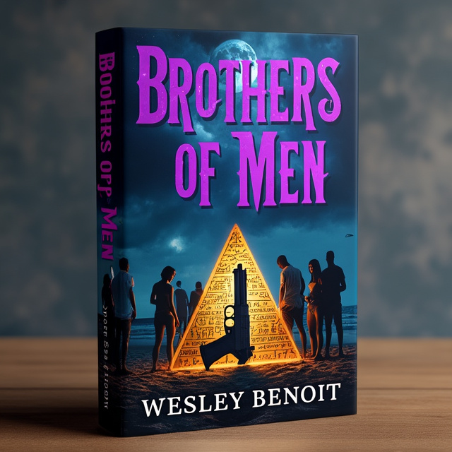 The cover features a dark and chaotic scene with a moonlit beach as the background. In the foreground, there are eight friends standing together, each holding a golden triangular stone covered with hieroglyphics. Two mysterious women are standing slightly apart from the group, adding an element of intrigue. At the center of the cover, there is a pistol, symbolizing the action and adventure genre.