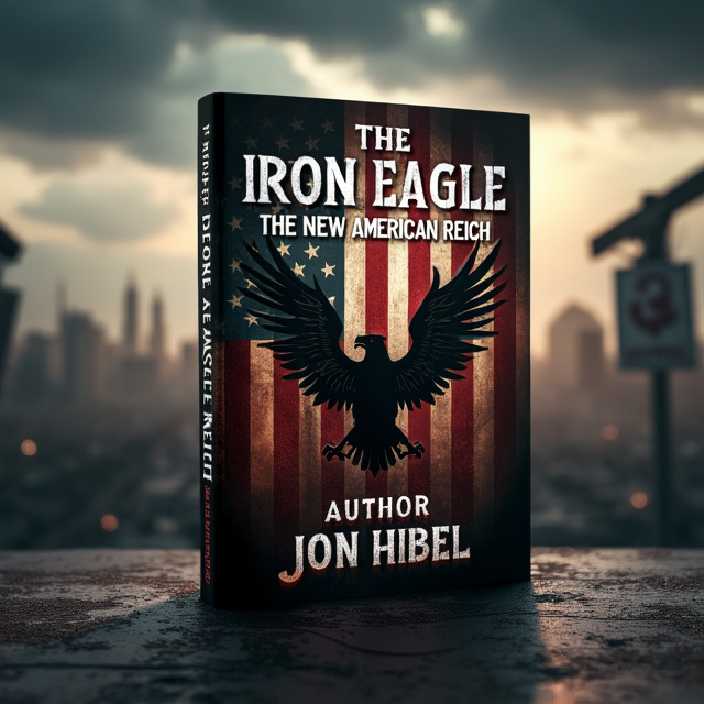 The cover features a dark, foreboding atmosphere with a stylized American flag in the background, subtly altered to include an ominous eagle emblem at the center. The eagle, with its wings spread wide, combines elements of the American bald eagle and an authoritarian symbol, representing the oppressive regime. In the background, a shadowy cityscape under stormy skies hints at a dystopian world, with faint outlines of propaganda posters and military insignia partially obscured by darkness.