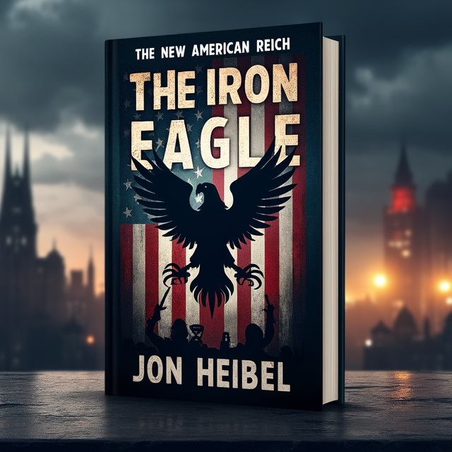 The cover features a dark, foreboding atmosphere with a stylized American flag in the background, subtly altered to include an ominous eagle emblem at the center. The eagle, with its wings spread wide, combines elements of the American bald eagle and an authoritarian symbol, representing the oppressive regime. In the background, a shadowy cityscape under stormy skies hints at a dystopian world, with faint outlines of propaganda posters and military insignia partially obscured by darkness.