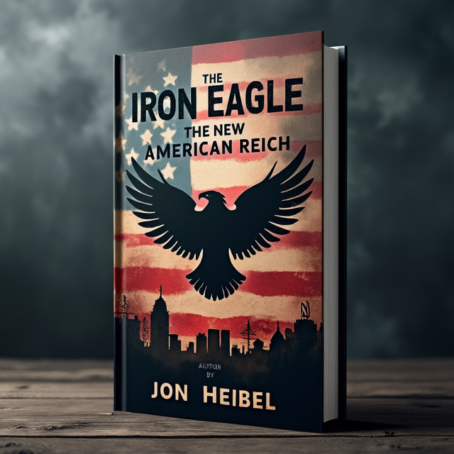 The cover features a dark, foreboding atmosphere with a stylized American flag in the background, subtly altered to include an ominous eagle emblem at the center. A shadowy cityscape under stormy skies hints at a dystopian world, with faint outlines of propaganda posters and military insignia partially obscured by darkness.
