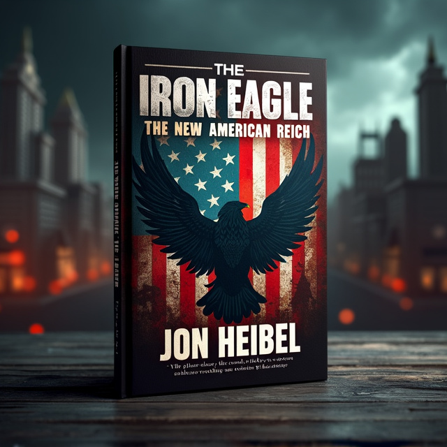 The cover features a dark, foreboding atmosphere with a stylized American flag in the background, subtly altered to include an ominous eagle emblem at the center. The eagle, with its wings spread wide, combines elements of the American bald eagle and an authoritarian symbol, representing the oppressive regime. In the background, a shadowy cityscape under stormy skies hints at a dystopian world, with faint outlines of propaganda posters and military insignia partially obscured by darkness.