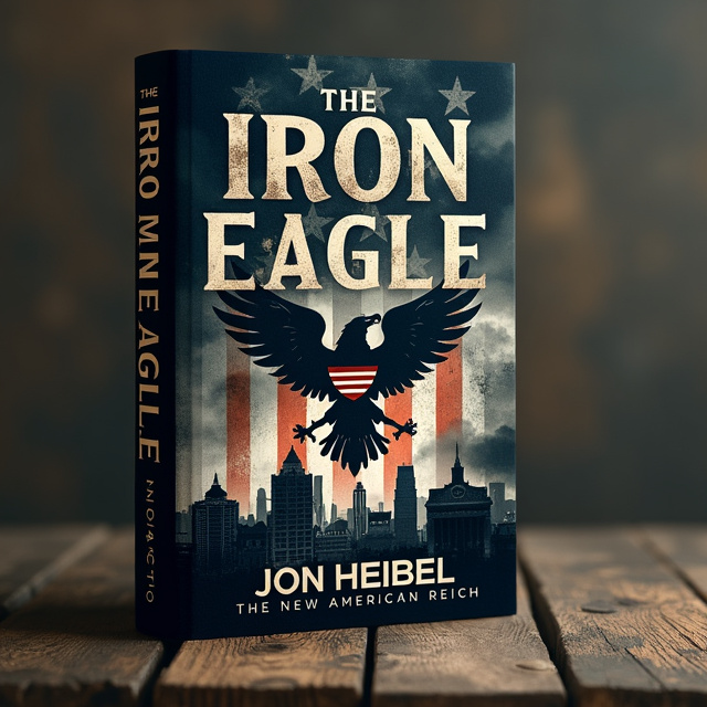 The cover features a dark, foreboding atmosphere with a stylized American flag in the background, subtly altered to include an ominous eagle emblem at the center. The eagle, with its wings spread wide, combines elements of the American bald eagle and an authoritarian symbol, representing the oppressive regime. A shadowy cityscape under stormy skies hints at a dystopian world, with faint outlines of propaganda posters and military insignia partially obscured by darkness.