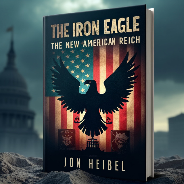 The cover features a dark, foreboding atmosphere with a stylized American flag in the background, subtly altered to include an ominous eagle emblem at the center. The eagle, with its wings spread wide, combines elements of the American bald eagle and an authoritarian symbol, representing the oppressive regime. In the background, a shadowy cityscape under stormy skies hints at a dystopian world, with faint outlines of propaganda posters and military insignia partially obscured by darkness.