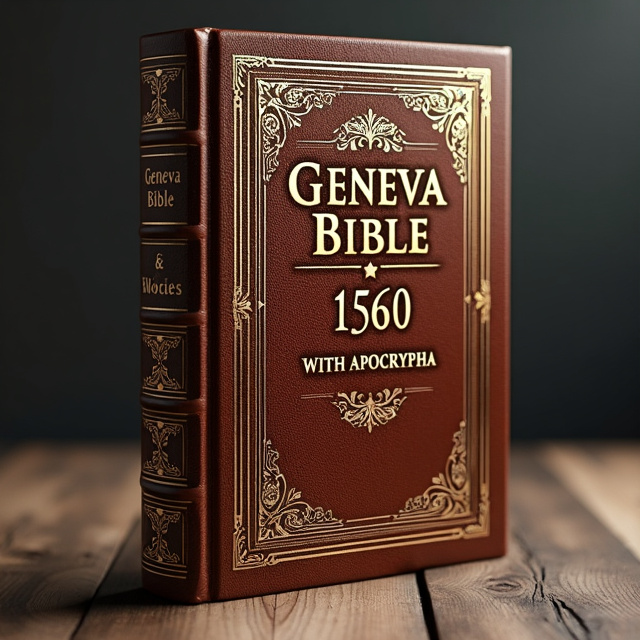 The cover features a highly detailed, realistic image of an antique brown leather book cover, elegantly etched in gold, with the title "Geneva Bible 1560 With Apocrypha Large Print" framed by ornate, shiny gold metallic decorations.